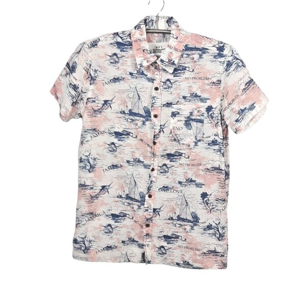 RFT Button Front Shirt Mens L Pink Blue Cotton Jamaica Marlin Ships One Love - Picture 1 of 6